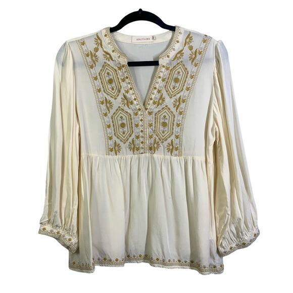 SOLITAIRE Blouse Boho Embroidered Bust Balloon Sleeve VNeck Drop Waist Cream Top - Picture 1 of 12